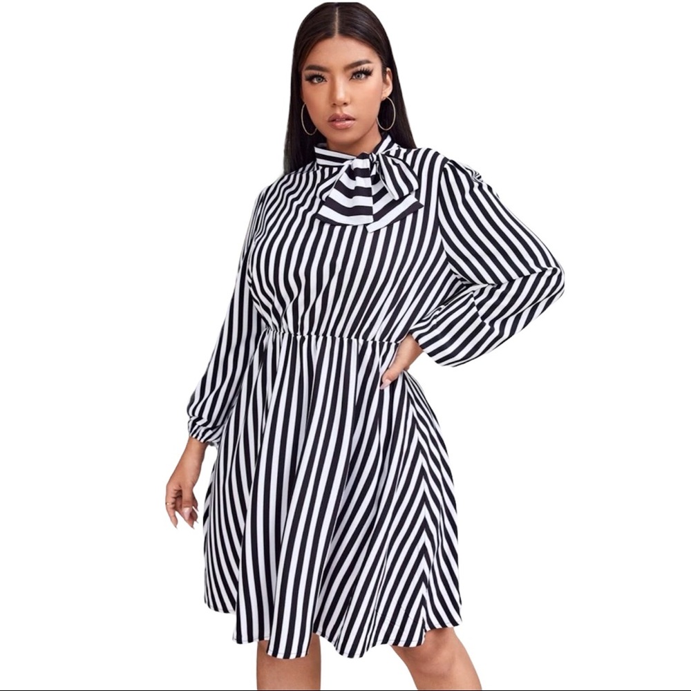 Stripe Tie Neck Keyhole Back Dress